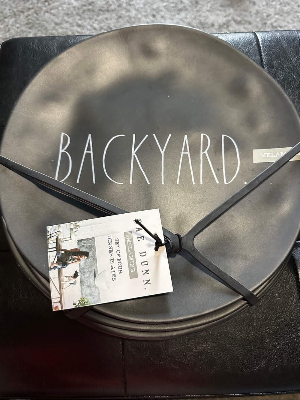 Rae Dunn Melamine Matte Black Dinner Plate Set w/ White Lettering “Backyard”